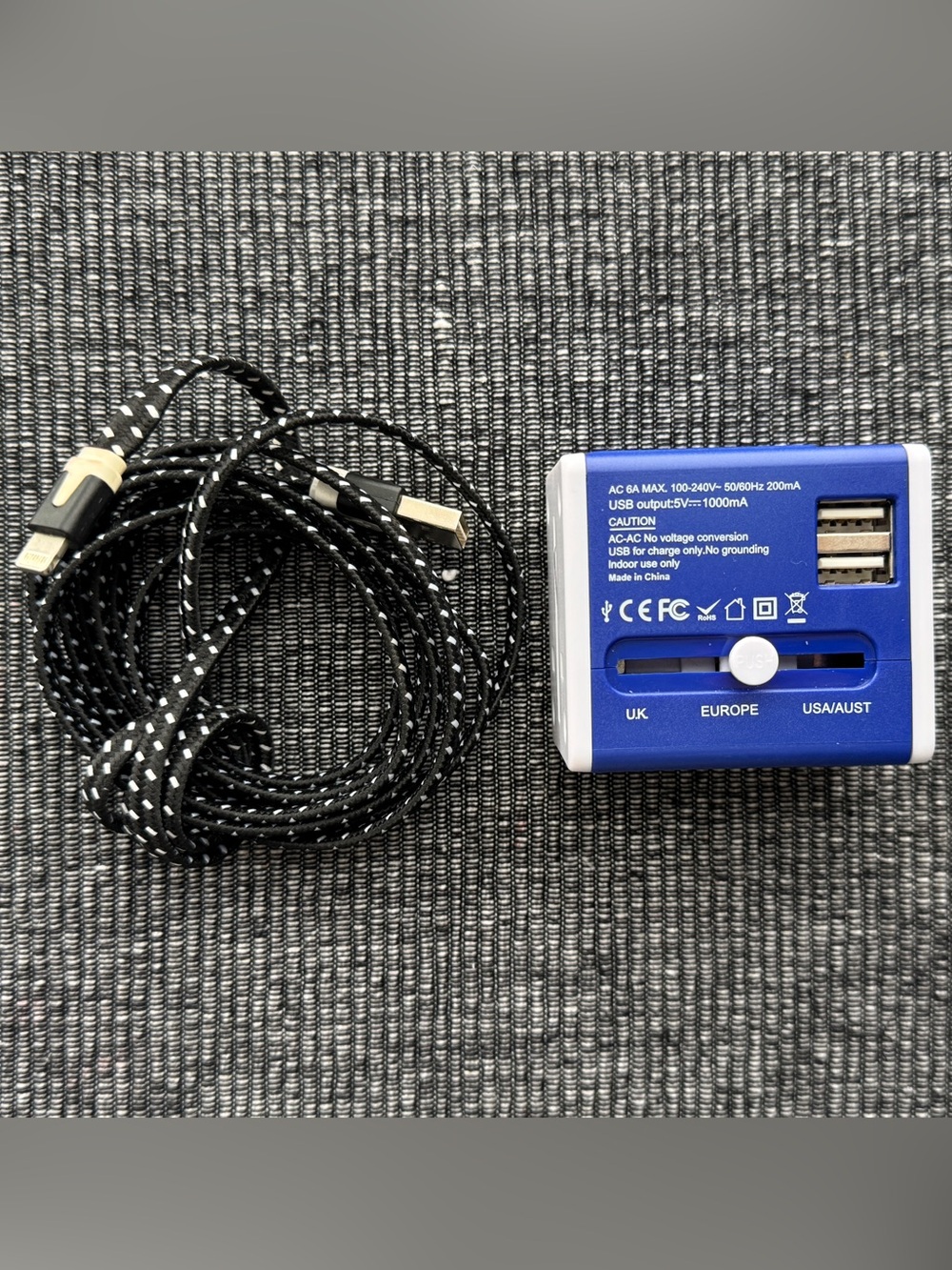 Universal Travel USB Charger Adapter in Blue with Black Braided Cable